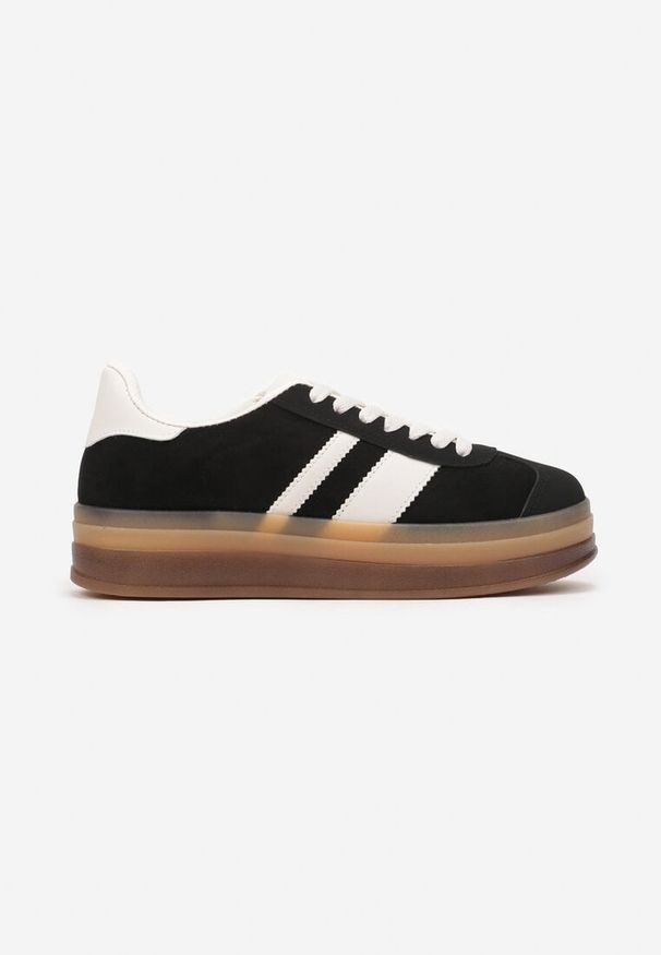 Born2be - Czarne Płaskie Sneakersy Ozdobione Paskami Norili. Okazja: na co dzień. Zapięcie: pasek. Kolor: czarny. Materiał: jeans. Wzór: aplikacja