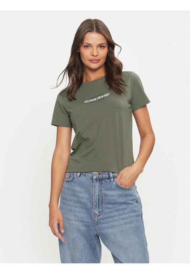 Guess Jeans T-Shirt W4YI03 J1314 Khaki Slim Fit. Kolor: brązowy. Materiał: bawełna