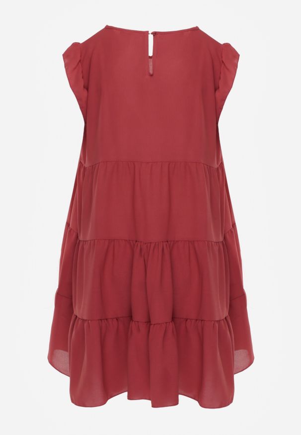 Renee - Ciemnoróżowa Sukienka z Krótkim Rękawem i Ozdobnymi Falbankami o Rozkloszowanym Kroju Vetesa. Okazja: na co dzień. Typ kołnierza: kołnierz z falbankami. Kolor: różowy. Materiał: jeans, wiskoza. Długość rękawa: krótki rękaw. Typ sukienki: proste. Styl: casual, klasyczny