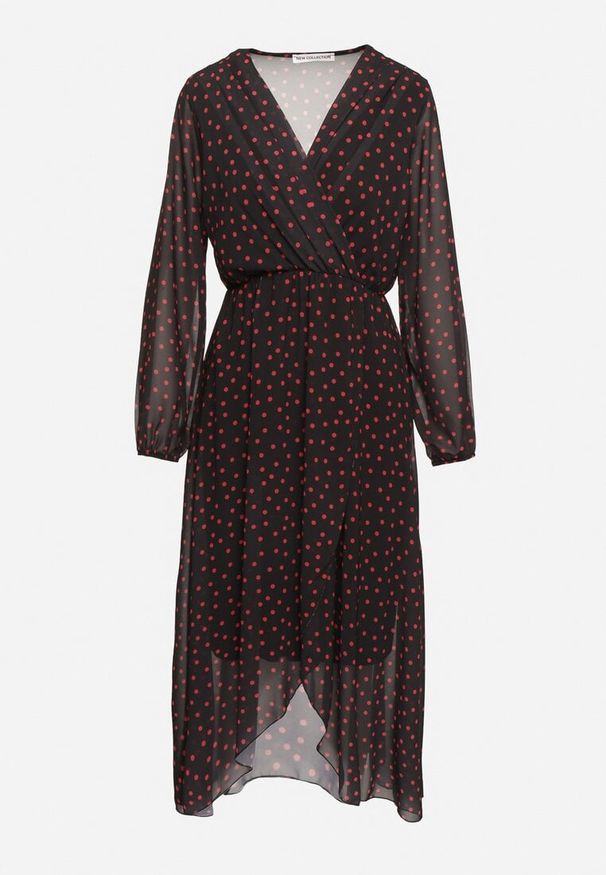 Born2be - Czarno-Czerwona Kopertowa Sukienka w Kropki z Gumką w Talii i Asymetrycznym Dołem Neladi. Okazja: na co dzień, na spotkanie biznesowe. Typ kołnierza: dekolt w kształcie V. Kolor: czarny. Wzór: kropki. Typ sukienki: asymetryczne, kopertowe. Styl: biznesowy, klasyczny, casual, elegancki