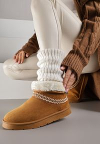 Renee - Brązowe Rustykalne Śniegowce z Imitacji Zamszu z Haftem i Futerkiem Zetilda. Kolor: brązowy. Materiał: zamsz, futro. Wzór: haft #1