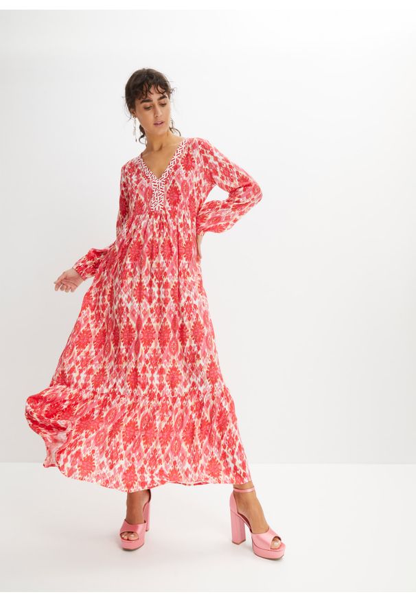 bonprix - Sukienka tunikowa ze zrównoważonej wiskozy z nadrukiem. Kolor: czerwony. Materiał: wiskoza. Wzór: nadruk