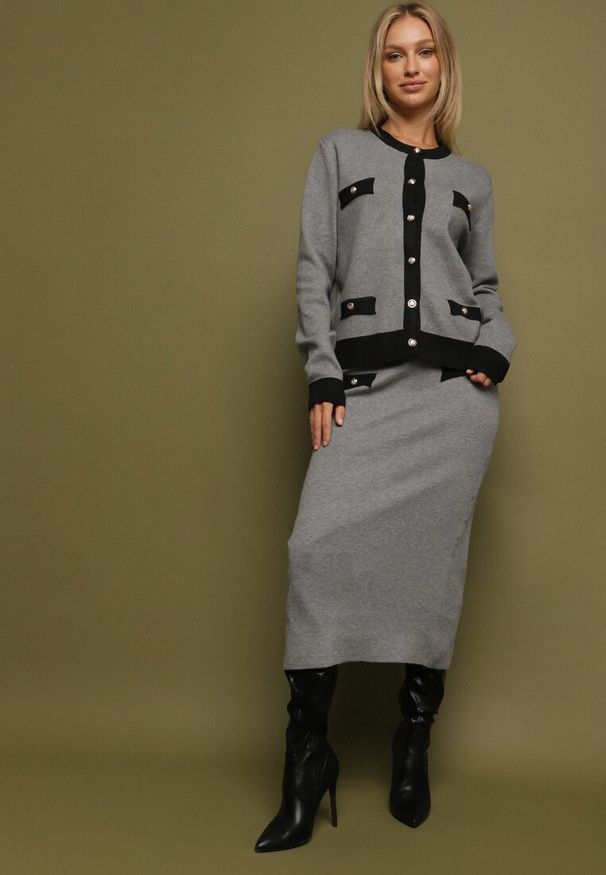 Born2be - Czarno-Szary Dzianinowy Komplet z Bawełną Kardigan i Spódnica Amantta. Kolor: czarny. Materiał: bawełna, dzianina