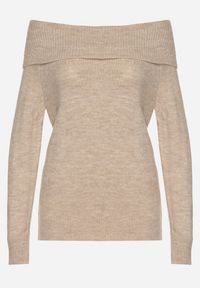 Born2be - Beżowy Sweter z Wywiniętym Dekoltem Parira. Kolor: beżowy. Długość rękawa: długi rękaw. Długość: długie. Wzór: aplikacja, bez wzorów. Styl: elegancki #4