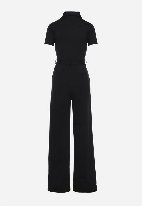 Born2be - Czarny Bawełniany Kombinezon z Prostymi Nogawkami z Zamkiem i Paskiem w Talii Olroura. Kolekcja: dla wysokich. Kolor: czarny. Materiał: bawełna. Długość rękawa: krótki rękaw. Długość: krótkie