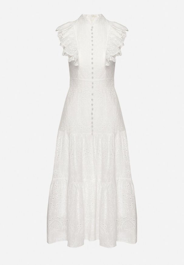 Born2be - Biała Sukienka Ażurowa z Falbankami Perełkami i Stójką Orintia. Typ kołnierza: kołnierzyk stójkowy, kołnierz z falbankami. Kolor: biały. Wzór: ażurowy. Sezon: lato. Typ sukienki: rozkloszowane