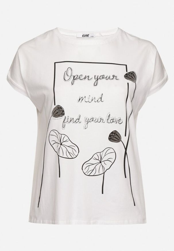 Born2be - Biały Bawełniany T-shirt z Nadrukiem i Cyrkoniami Ertebis. Okazja: na co dzień, na spacer. Kolor: biały. Materiał: bawełna. Wzór: nadruk. Styl: elegancki, casual