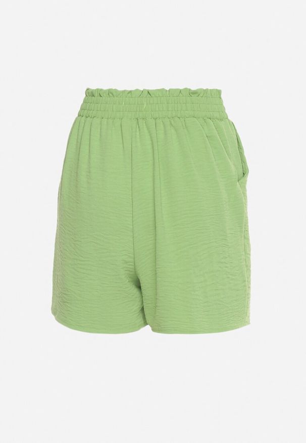 Born2be - Zielone Luźne Szorty z Wysokim Stanem i Gumką w Pasie z Troczkiem do Regulacji Tiamatis. Okazja: na spacer. Stan: podwyższony. Kolor: zielony. Sezon: lato. Styl: elegancki