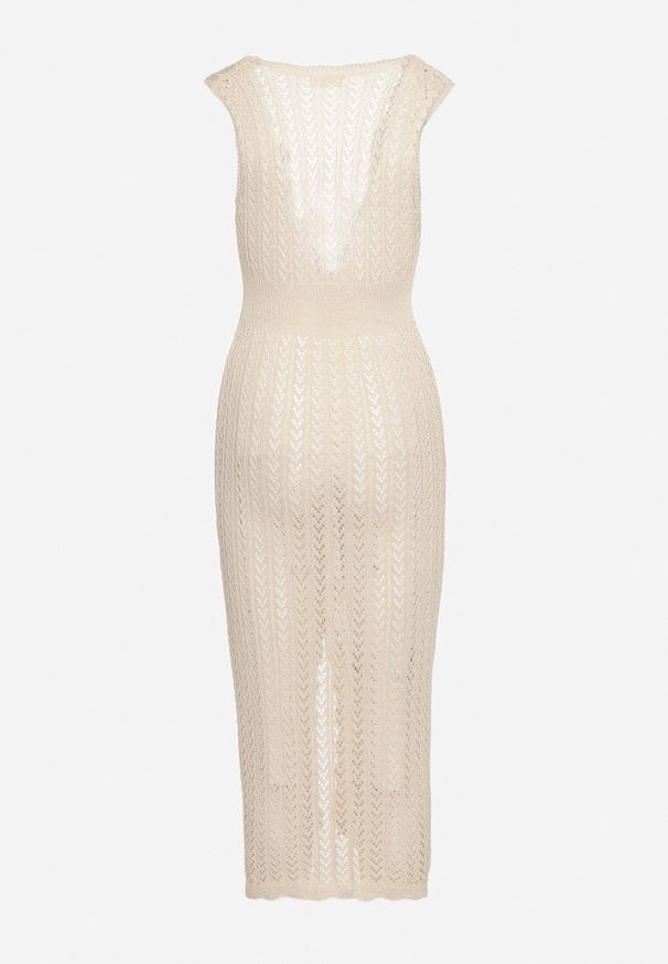 Born2be - Beżowa Plażowa Sukienka Bodycon z Ażurowej Tkaniny Zapinana na Guziki Kyren. Okazja: na plażę. Typ kołnierza: dekolt w kształcie V. Kolor: beżowy. Materiał: tkanina. Długość rękawa: bez rękawów. Wzór: ażurowy. Sezon: lato. Typ sukienki: bodycon
