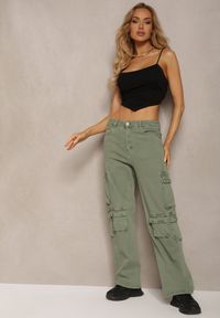 Renee - Zielone Spodnie Typu Bojówki z Bawełny High Waist z Kieszeniami Zefara. Stan: podwyższony. Kolor: zielony. Materiał: bawełna