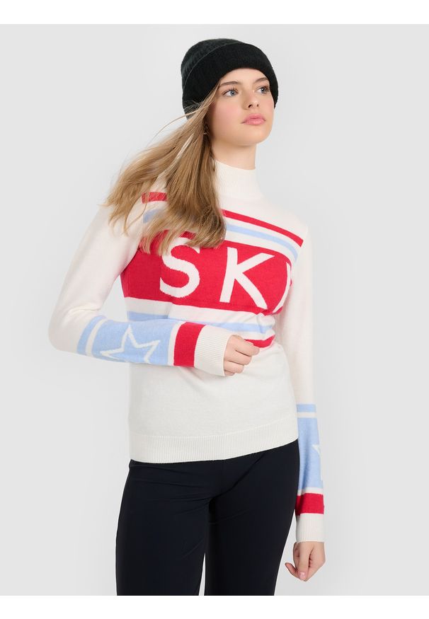 4f - 4F Golf z wełną damski - biały XS. Okazja: na co dzień. Typ kołnierza: golf. Kolor: wielokolorowy. Materiał: wełna. Sezon: zima. Styl: casual