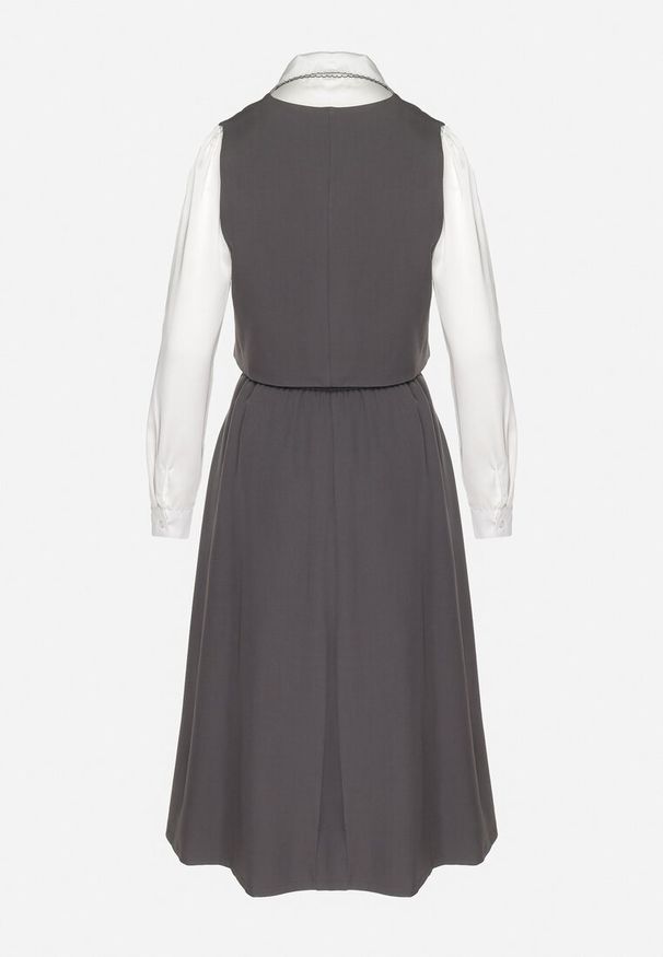 Born2be - Szary Garniturowy Komplet 3-Częściowy Koszula z Wiązaniem Spódnica i Kamizelka na Guziki Avalune. Kolor: szary