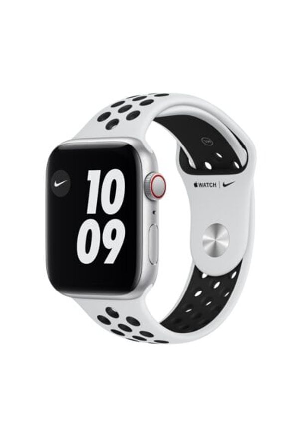APPLE Watch SE Nike Cellular 44mm (Srebrny z opaską sportową w kolorze czarnym). Rodzaj zegarka: smartwatch. Kolor: srebrny, czarny, wielokolorowy. Materiał: nylon. Styl: sportowy