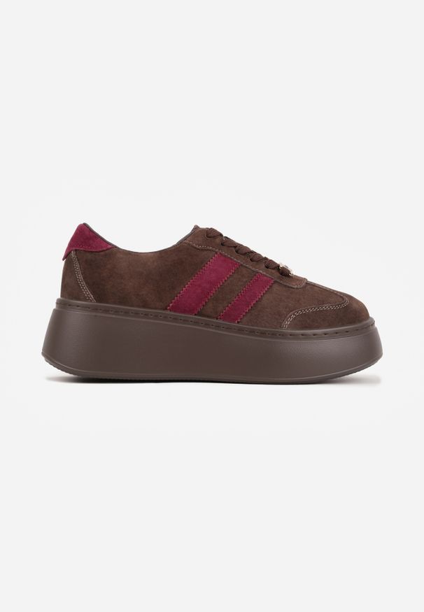 Renee - Brązowe Sneakersy z Zamszu Naturalnego na Platformie Ozdobione Paskami Jiliana. Okazja: na co dzień. Zapięcie: pasek. Kolor: brązowy. Materiał: zamsz. Wzór: aplikacja. Obcas: na platformie