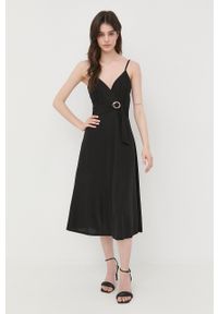 Morgan sukienka kolor czarny mini rozkloszowana. Kolor: czarny. Materiał: tkanina. Długość rękawa: na ramiączkach. Wzór: gładki, aplikacja. Typ sukienki: rozkloszowane. Długość: mini