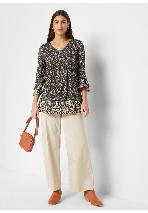 bonprix - Tunika shirtowa ze zrównoważonej wiskozy. Kolor: czarny. Materiał: wiskoza. Wzór: nadruk