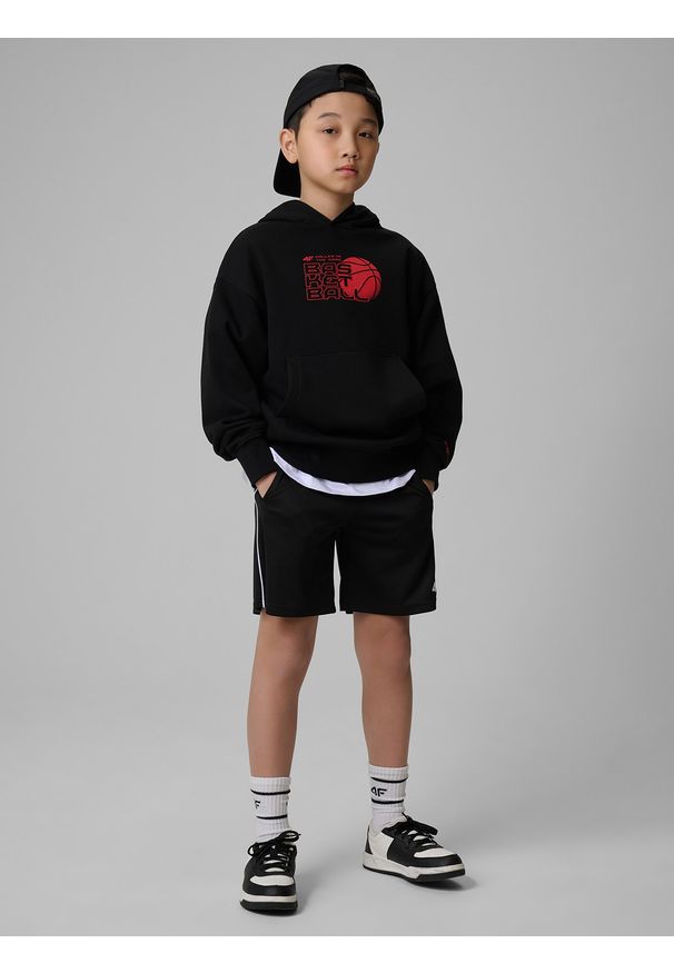 4f - 4F Bluza dresowa loose z kapturem chłopięca - czarna 122/128 (6-8 lat). Okazja: na co dzień, na uczelnię. Typ kołnierza: kaptur. Kolor: czarny. Materiał: dresówka. Sezon: lato. Styl: casual, klasyczny