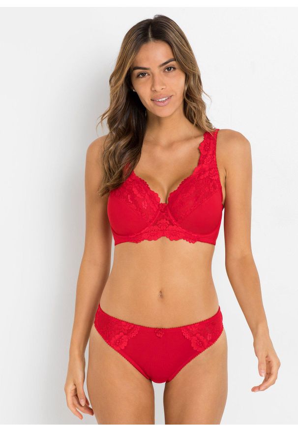 bonprix - Figi z delikatną koronką (2 pary). Kolor: czerwony. Materiał: materiał, koronka. Wzór: aplikacja, kwiaty, koronka
