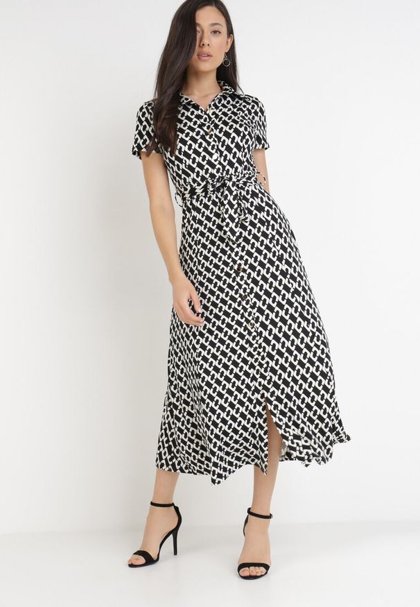 Born2be - Czarno-Biała Sukienka Alethanthei. Okazja: na co dzień. Kolor: czarny. Materiał: materiał. Długość rękawa: krótki rękaw. Wzór: nadruk, aplikacja, geometria. Typ sukienki: szmizjerki. Styl: casual, elegancki. Długość: midi