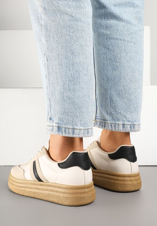 Renee - Beżowo-Czarne Sneakersy Kultowe Tenisówki na Grubej Podeszwie Ozdobione Wzorem w Panterkę Gonelis. Okazja: na co dzień. Kolor: beżowy. Materiał: jeans. Wzór: aplikacja, motyw zwierzęcy