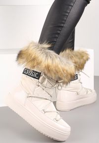 Born2be - Beżowe Śniegowce Plotia. Wysokość cholewki: za kostkę. Kolor: beżowy. Materiał: lakier, materiał, futro. Szerokość cholewki: normalna. Wzór: aplikacja, nadruk #4