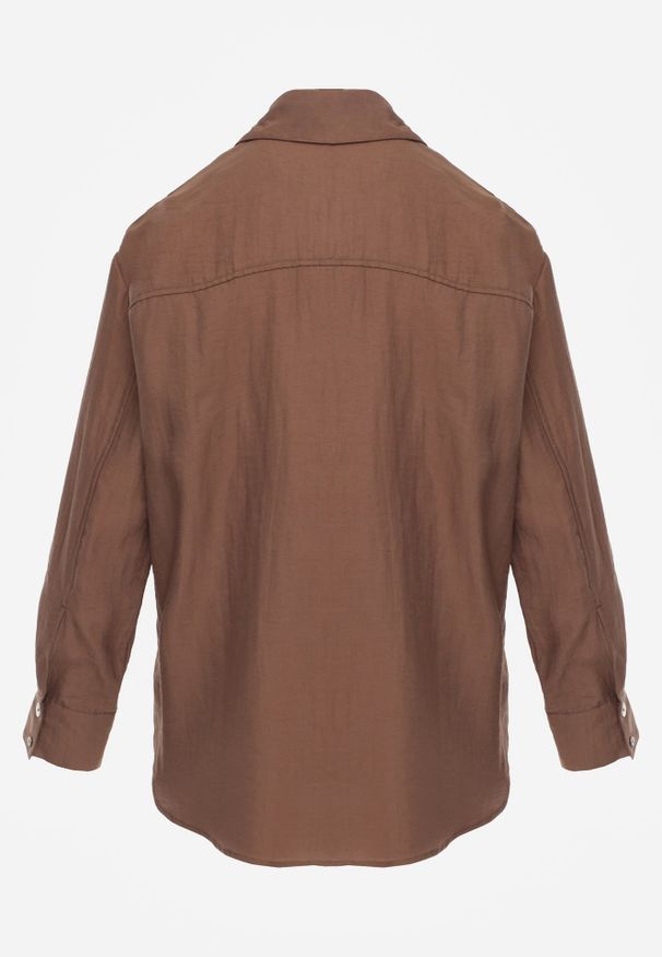 Renee - Brązowa Oversizowa Koszula z Wiskozą i Lnem z Guzikami o Różnej Wielkości Drenrya. Okazja: na co dzień. Kolor: brązowy. Materiał: wiskoza, len. Styl: casual