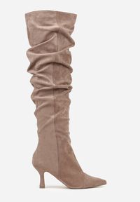 Renee - Ciemnobeżowe Kozaki w Stylu Slouchy na Szpilce Wiolisse. Okazja: na co dzień. Kolor: beżowy. Materiał: jeans. Wzór: aplikacja. Obcas: na szpilce. Styl: casual #7