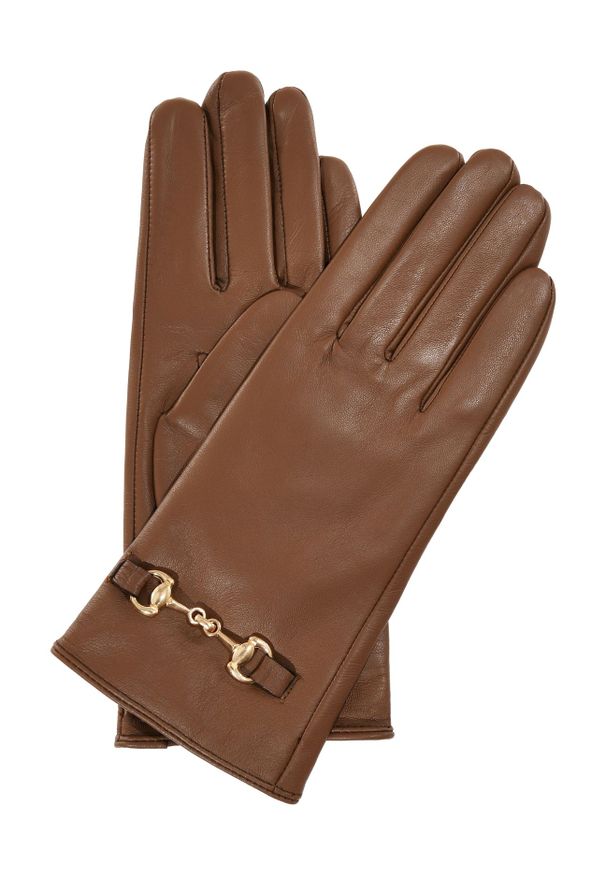 Ochnik - Camelowe skórzane rękawiczki damskie z klamrą. Kolor: brązowy. Materiał: skóra. Wzór: aplikacja. Styl: klasyczny