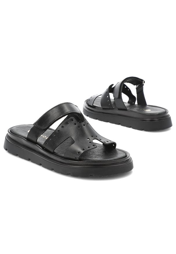 Czarne Klapki Armodo Obuwie Damskie Na Płaskiej Podeszwie. Kolor: czarny. Materiał: skóra. Sezon: lato. Obcas: na płaskiej podeszwie