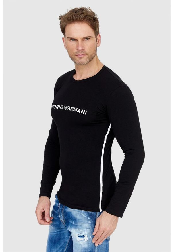Emporio Armani - EMPORIO ARMANI Czarny longsleeve męski z lampasami, Rozmiar S. Kolor: czarny. Materiał: prążkowany. Długość rękawa: długi rękaw