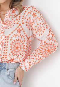 Born2be - Pomarańczowo-Biały Bawełniany 2-Częściowy Komplet Koszula na Guziki i Szorty w Modny Print Monames. Kolor: pomarańczowy. Materiał: bawełna. Wzór: nadruk #2