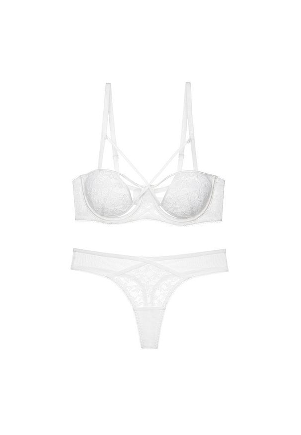 Intica - Komplet bielizny koronkowej ze strapsami regulowanymi Behjat. Kolor: biały. Materiał: koronka. Wzór: paski, koronka