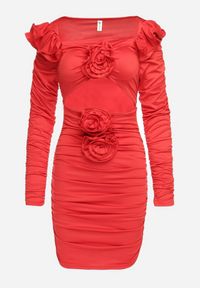 Born2be - Czerwona Drapowana Sukienka Mini z Rozcięciami i Kwiatami Jadinia. Kolor: czerwony. Wzór: kwiaty. Styl: elegancki. Długość: mini #6