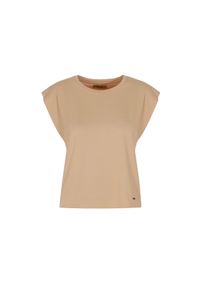 Ochnik - Beżowy T-shirt damski basic. Kolor: beżowy. Materiał: elastan, bawełna, tkanina