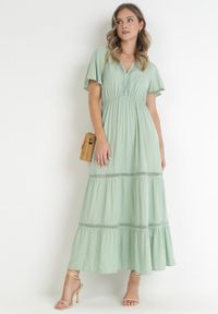 Born2be - Miętowa Sukienka Maxi z Gumką w Pasie i Koronkowymi Wstawkami Anandia. Kolor: miętowy. Materiał: koronka. Wzór: aplikacja. Długość: maxi