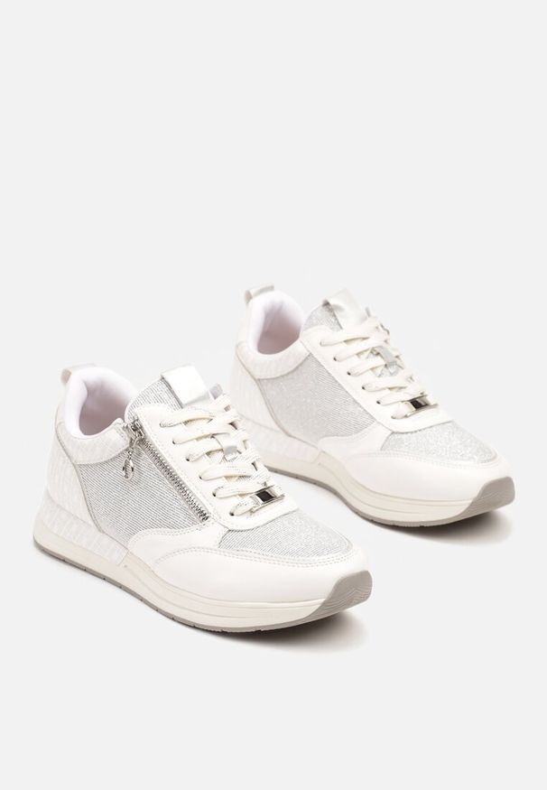Renee - Białe Sneakersy z Wkładką ze Skóry Naturalnej Zdobione Suwakiem Fihanor. Okazja: na co dzień. Kolor: biały. Materiał: skóra. Wzór: aplikacja. Obcas: na obcasie. Wysokość obcasa: niski