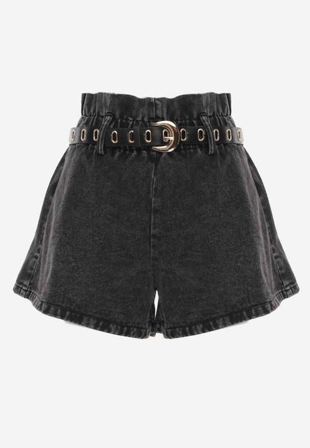Renee - Czarne Jeansowe Szorty z Gumką w Pasie i Paskiem z Imitacji Skóry Alyssania. Okazja: na co dzień. Kolor: czarny. Materiał: jeans, skóra. Sezon: lato. Styl: casual, sportowy