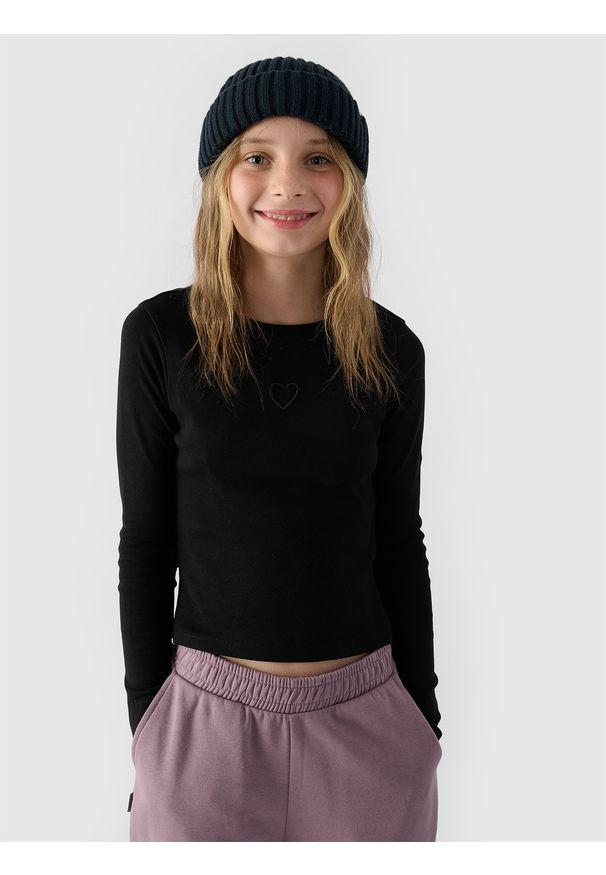 4f - 4F Longsleeve slim gładki dziewczęcy - czarny 140 (9-10 lat). Okazja: na co dzień. Kolor: czarny. Materiał: bawełna, jersey, dzianina. Długość rękawa: długi rękaw. Długość: długie. Wzór: gładki. Sezon: lato. Styl: sportowy, klasyczny, casual