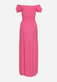 Born2be - Różowa Wiskozowa Sukienka Typu Hiszpanka z Marszczoną Górą Moalle. Okazja: na spacer. Typ kołnierza: dekolt hiszpanka. Kolor: różowy. Materiał: wiskoza. Styl: elegancki, klasyczny #4