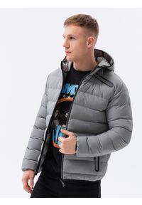 Ombre Clothing - Kurtka męska pikowana z kontrastowymi zamkami - szara V2 C451 - XXL. Typ kołnierza: kaptur. Kolor: szary. Materiał: poliester #6