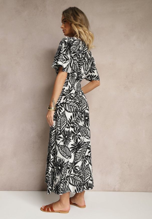 Renee - Czarna Sukienka z Gumką w Pasie Ozdobiona Roślinnym Wzorem Charina. Kolor: czarny. Materiał: tkanina, wiskoza. Długość rękawa: krótki rękaw. Wzór: aplikacja. Sezon: lato