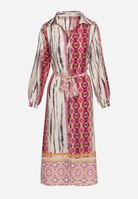 Born2be - Fuksjowo-Beżowa Sukienka Koszulowa z Mozaikowym Wzorem i Wiązanym Paskiem Lilimea. Kolor: różowy. Materiał: tkanina. Typ sukienki: koszulowe #4