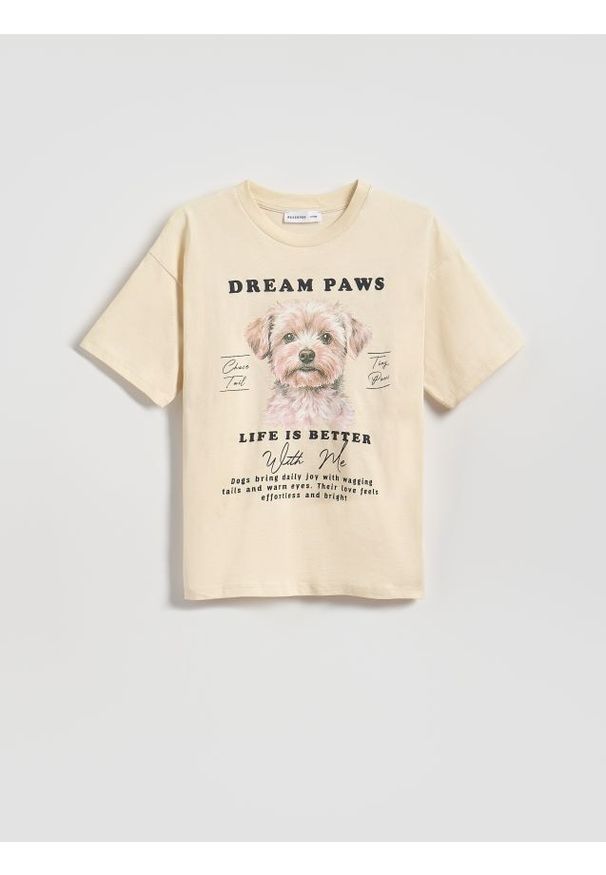 Reserved - T-shirt z nadrukiem - kremowy. Kolor: kremowy. Materiał: bawełna. Wzór: nadruk