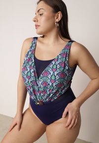 Born2be - Granatowy Kopertowy Strój Kąpielowy Jednoczęściowy z Siateczką i Paskiem Raera. Kolor: niebieski. Materiał: len #3