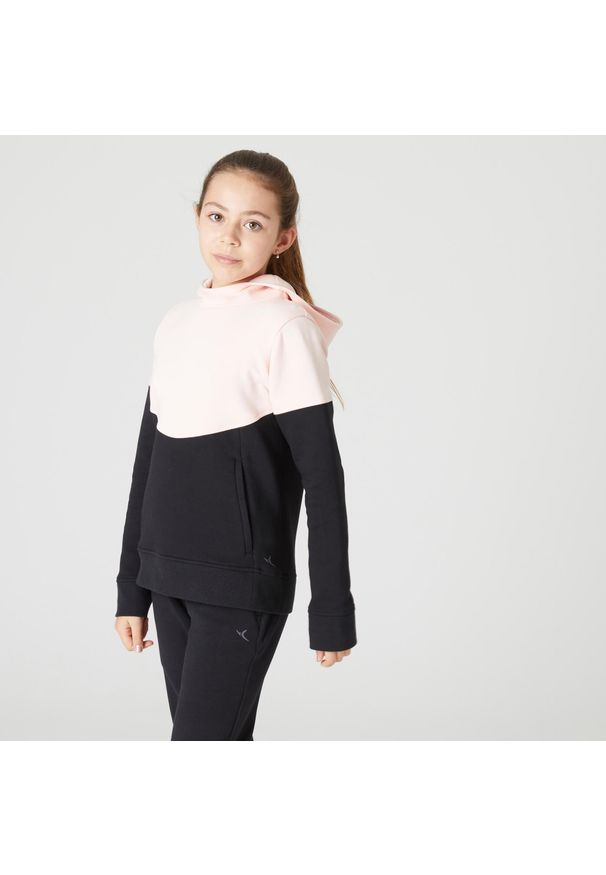 DOMYOS - Bluza dziecięca Domyos 500 z kapturem. Typ kołnierza: kaptur. Kolor: wielokolorowy, różowy, czarny. Materiał: poliester, dzianina, materiał, elastan