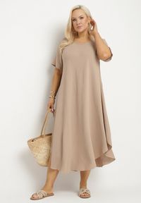 Born2be - Ciemnobeżowa Rozkloszowana Sukienka z Bawełną Elzedia. Okazja: na co dzień. Kolor: beżowy. Materiał: bawełna. Typ sukienki: rozkloszowane. Styl: elegancki, casual #7