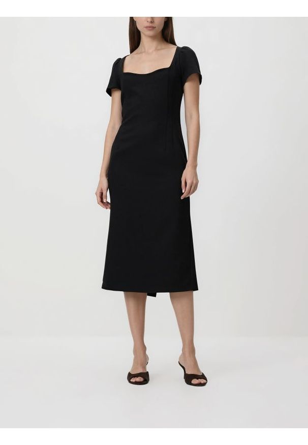 Reserved - Sukienka midi z bufiastymi rękawami - czarny. Kolor: czarny. Materiał: wiskoza, tkanina. Długość: midi