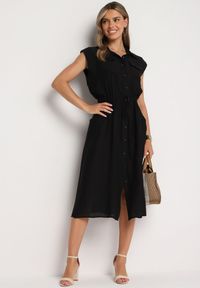 Born2be - Czarna Wiskozowa Sukienka o Koszulowym Kroju z Paskiem w Talii Mareviana. Kolor: czarny. Materiał: wiskoza. Typ sukienki: koszulowe. Styl: klasyczny #2