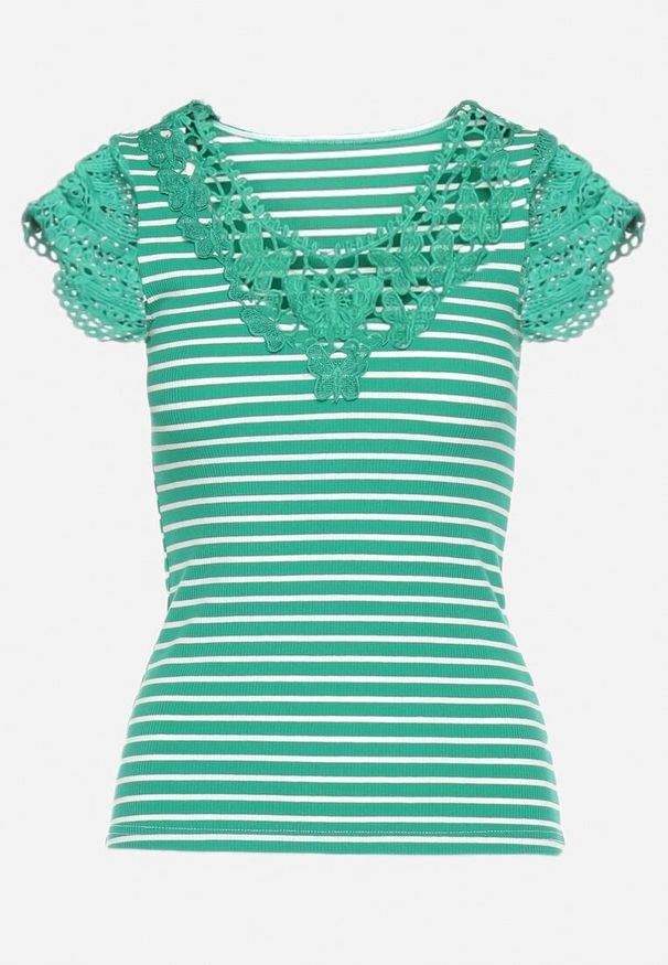 Born2be - Zielony T-shirt z Bawełny z Koronką przy Dekolcie i Rękawach Alilama. Kolor: zielony. Materiał: koronka, bawełna. Wzór: koronka