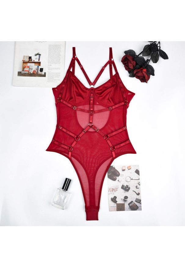 Intica - Body z motywem harness na specjalne okazje Theresina. Kolor: czerwony. Materiał: materiał